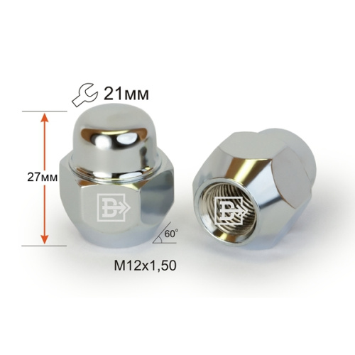 Гайка колеса M12x1.5 Конус h-27мм закрытая, Хром, Ключ 21, Арт. 701145 Cr