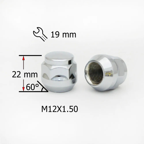 Гайка колеса M12x1.5 Конус h-22мм закрытая, Хром, Ключ 19, Арт. 402245CR