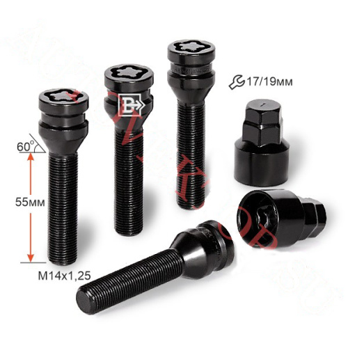 Секретные болты M14x1.25 Конус L-55мм Черный хром, Ключ 17-19, Арт. 677216F2BC