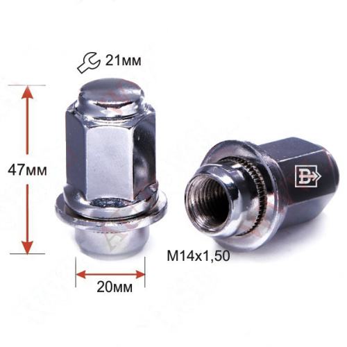 Гайка колеса M14x1.5 Прессшайба h-47мм закрытая, Хром, Ключ 21, Арт. 744848CR