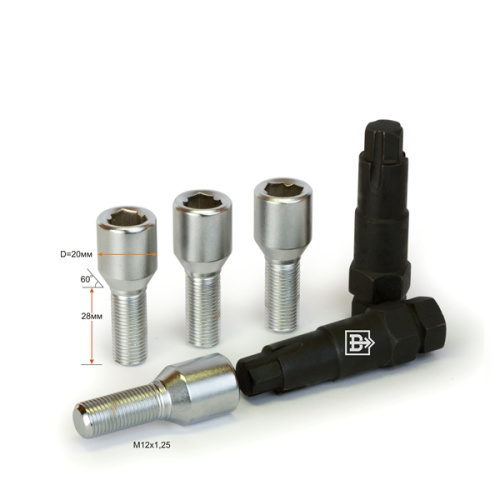 Секретные болты M12x1.25 Конус L-28мм Хром, Ключ 17-19, Арт. 262110F2