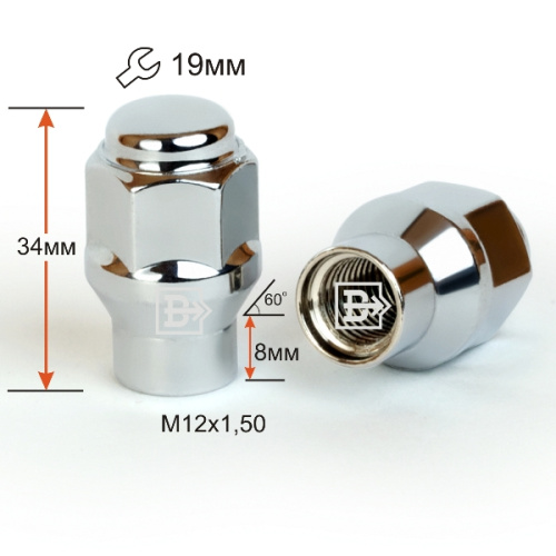 Гайка колеса M12x1.5 Конус с носиком h-35мм закрытая, Хром, Ключ 19, Арт. 801445ETCR